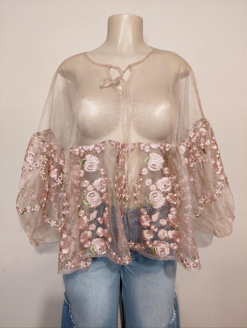 Anna Sui Sheer Floral Embroidered Tie-Neck Top in Blush